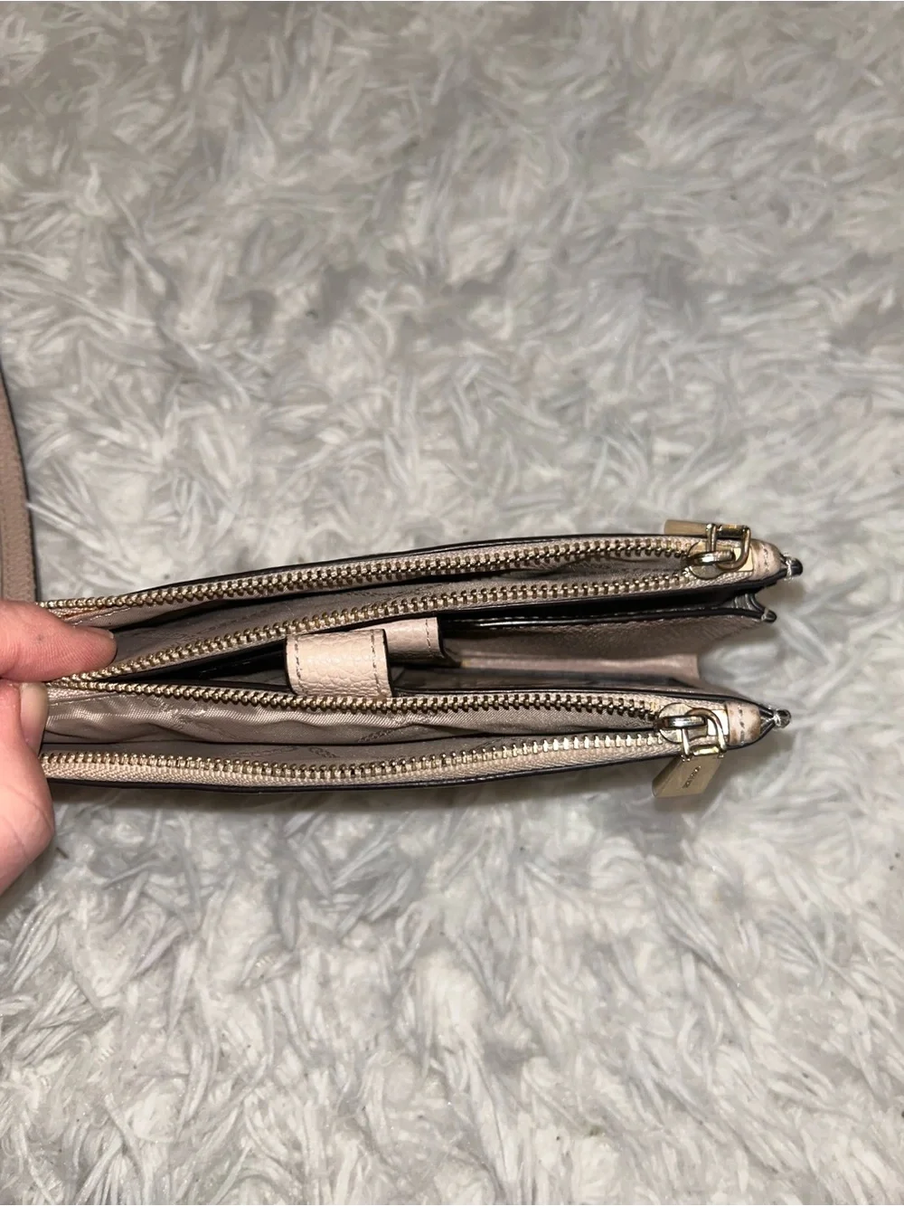 Michael Kors pebbled leather wristlet wallet pinkish tan with gold-tone hardware